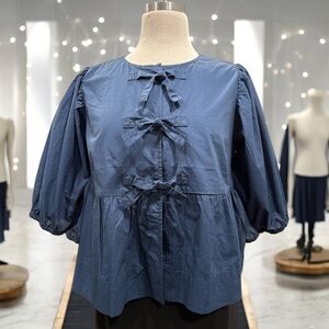 Velvet Heart Lamont Navy Blue Puff Sleeve Peplum Blouse | Size Medium